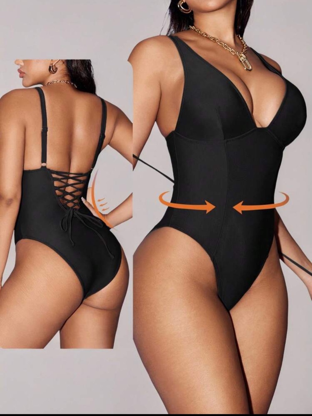 SHEIN Black Lace-Up Back One-Piece Swimsuit